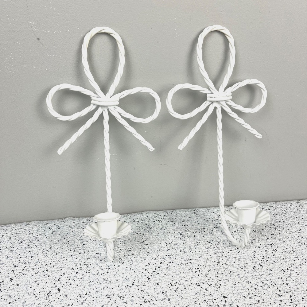 Vintage White Metal Tole Bow Wall Candle Sconces Pair 12" Ribbon Cottagcore